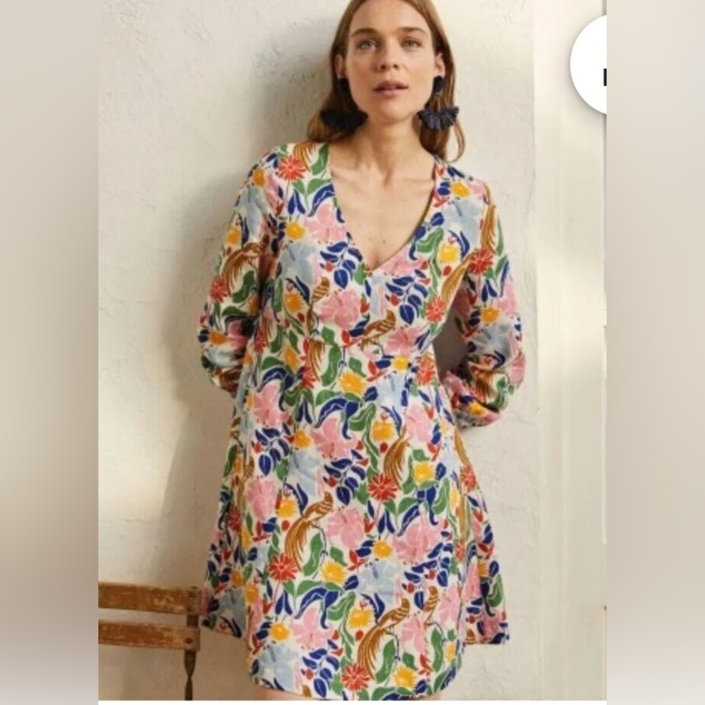 NEW Boden, LINEN V-Neck Mini Dress
Ivory, Oriental Bird, 2 R